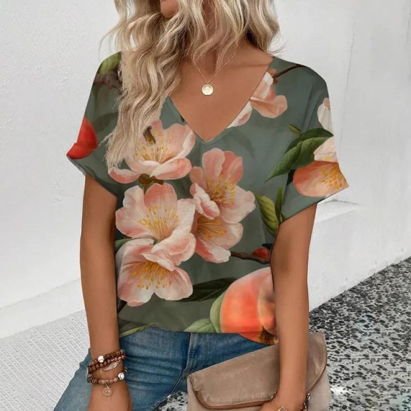 Top Women Summer Women's T-Shirt Retro Cashew Pattern Print T-Shirt Fashion Popular Women's Leisure Short Sleeve T-Shirt
