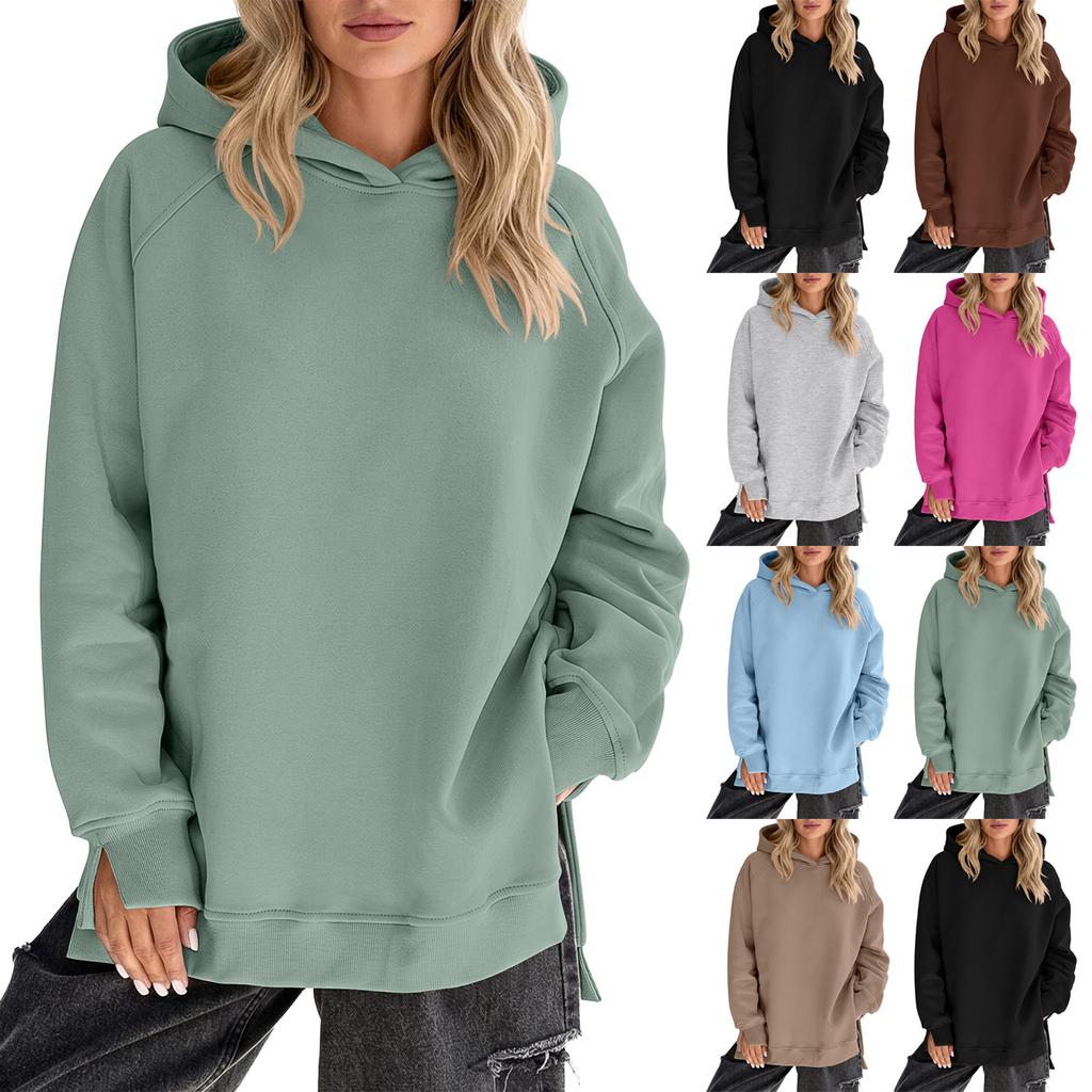 Women's Casual Long Sleeve Hooded Sweatshirt Color Side Slit Pullover Top