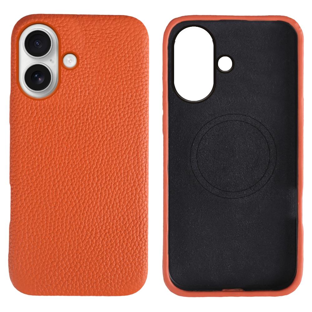 For iPhone 17 Case Compatible with MagSafe Litchi Texture Genuine Cow Leather + PC Phone Cover