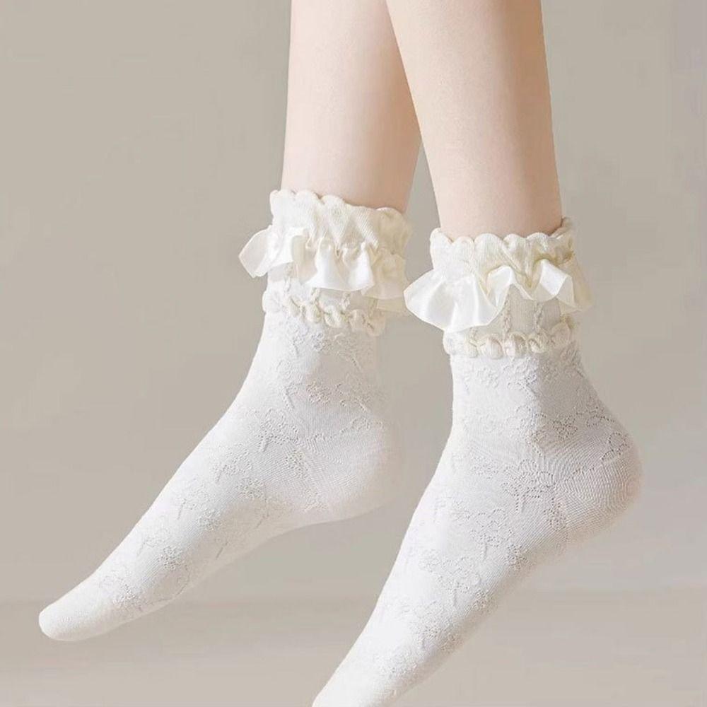 Cute Lolita Stockings Breathable Black White Women's Short Socks Elastic Lightweight Lace-trimmed Stockings For Women Girls