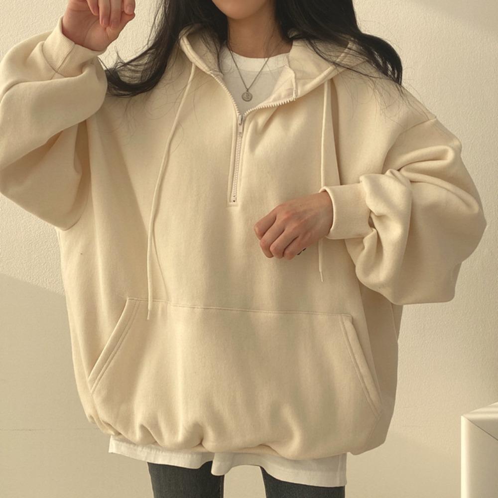 Sudadera con capucha para mujer, media cremallera, manga larga extragrande, bolsillo, informal, holgada, con capucha, para primavera, otoño, invierno