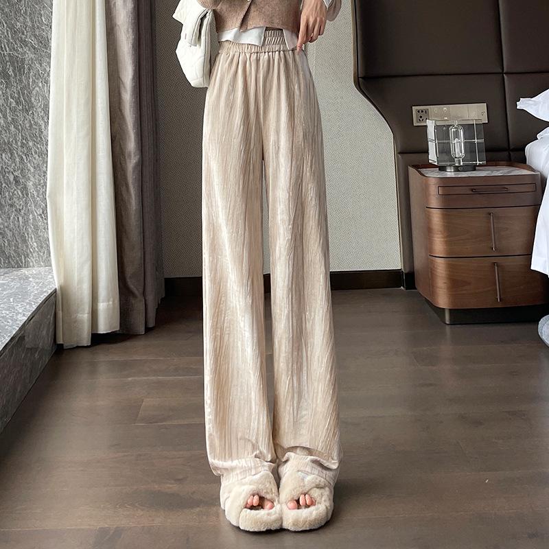 Golden Velvet High-Waist Fleece-Lined Wide-Leg Pants for Women - Slimming & Casual Autumn/Winter Trousers
