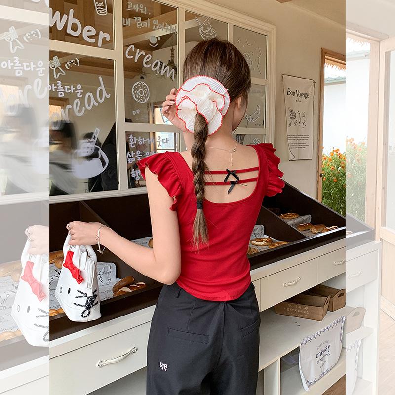 Red Shoulder Square Neck Lace Short-sleeved T-shirt Women's Summer Niche Design Sense Sexy Hot Girl Small High Waist Top