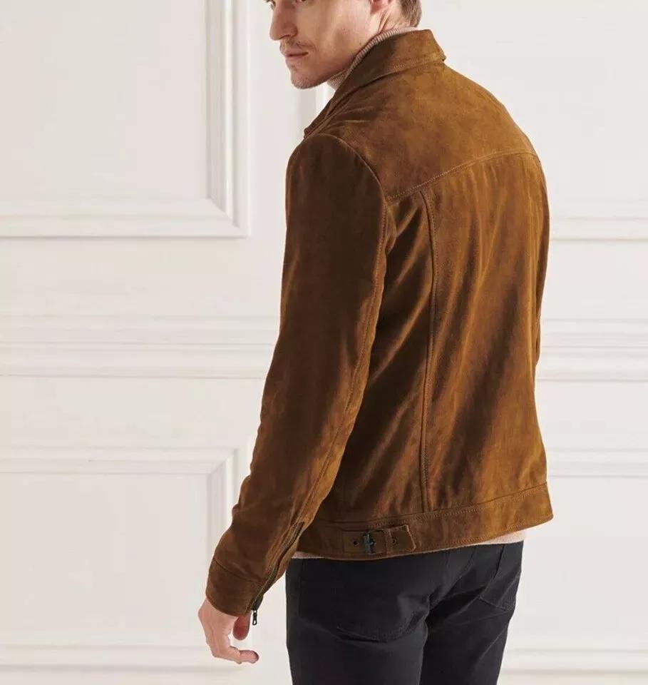 Pure Soft Suede Moto Biker Style Genuine Real Lambskin Leather Jacket Men Brown