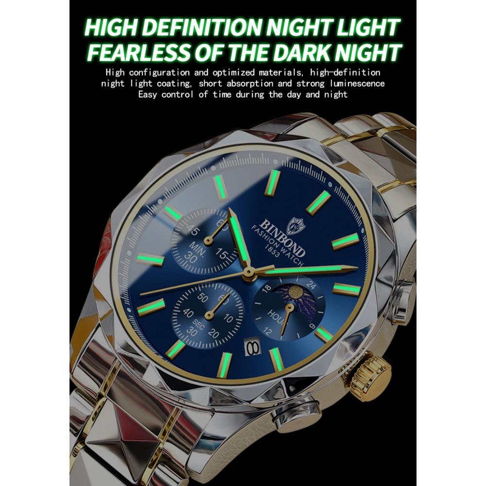 BINBOND Luminous Waterproof Quartz Wristwatch for Men Accurate Luxury Auto Date Chronograph Men's Watch Fashion Durable Reloj
