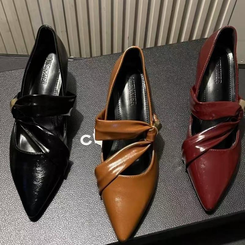 2025 New Genuine  Office Ladies Pumps Pointed Toe T-strap Thin High Heels Mary Janes  Shoes for Women Dress