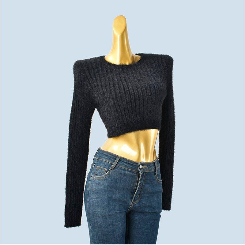 High Quality Thick Round Neck Ultra Short Long Sleeves Slim Fit Midriff-Baring Imitation Mink Knitting Bottoming Shirt Fall and Winter Women Pullover