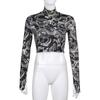 Modetrend Damen Stilvolles, mit Drachen bedrucktes Crop-Top mit langen Ärmeln und hohem Kragen, schmales T-Shirt, schmale T-Shirts für Frühling und Herbst