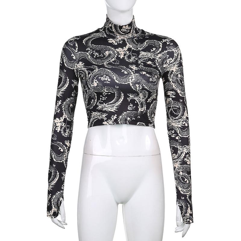 Modetrend Damen Stilvolles, mit Drachen bedrucktes Crop-Top mit langen Ärmeln und hohem Kragen, schmales T-Shirt, schmale T-Shirts für Frühling und Herbst