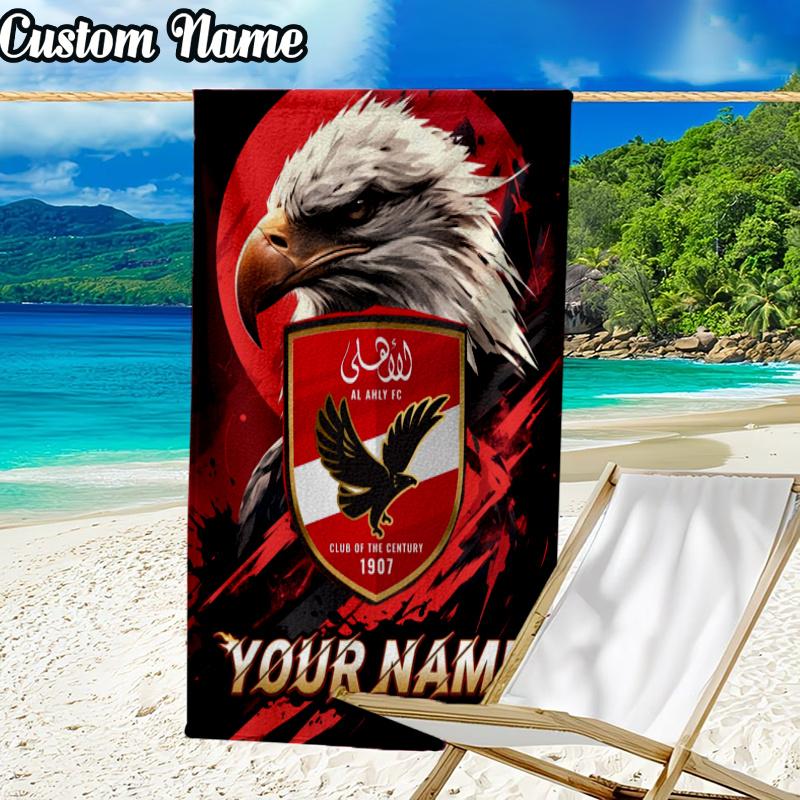 Custom Name Al Ahly Football Beach Towel - Soft, Ultra-Absorbent Microfiber, Lightweight, Perfect for Beach, Parties, Travel, Camping