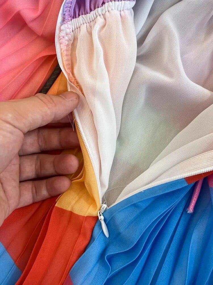 Summer Print Holiday Rainbow Candy Sling Sundresses Women's Spaghetti Strap V Neck Backless Chiffon Beach Vacation Pleated Robe