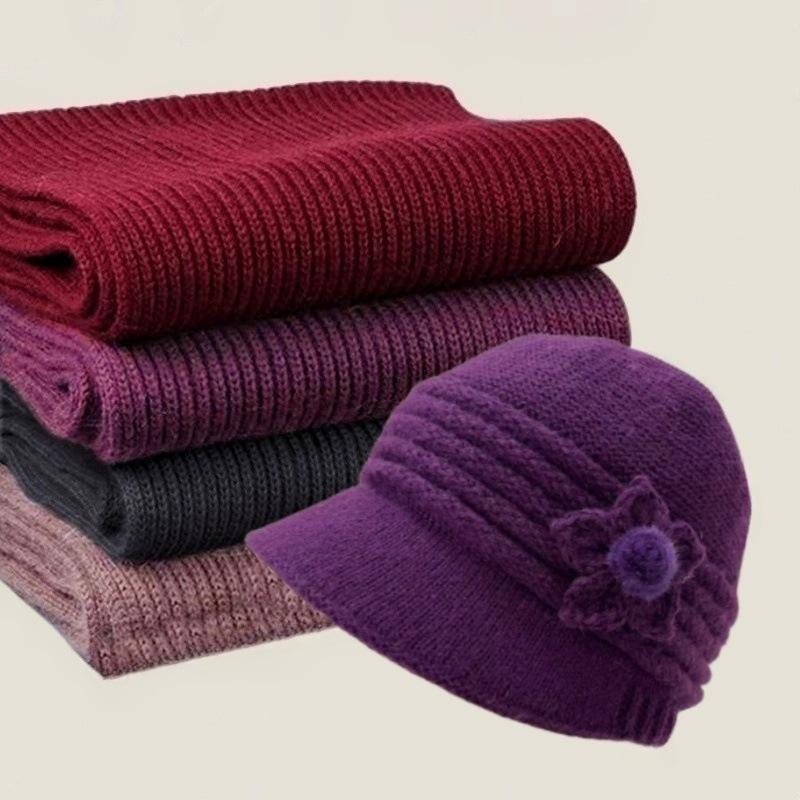 Middle-aged and Elderly Hats, Women's Winter Warm Mother Wool Hats, Fashionable Versatile Ear Protectors, Basin Hats, Fleece and Cold-proof Knitted Ha