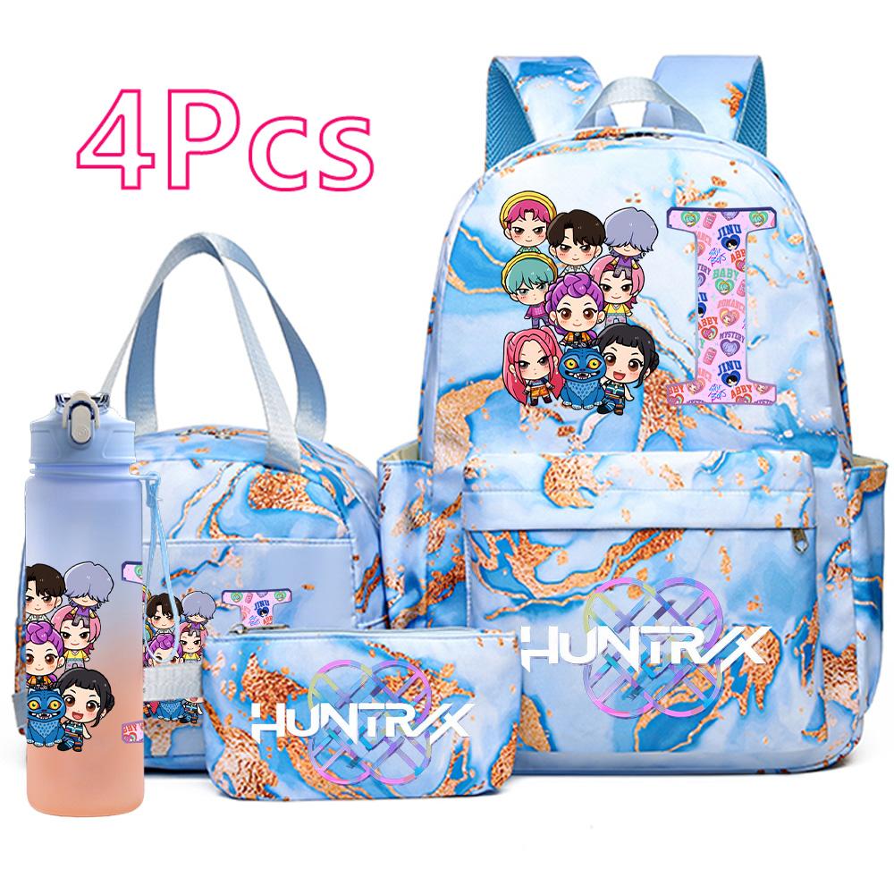 4Pcs/set Anime K-Pop Printed Backpack Handbag Pencil Case with 750Ml Water Bottler for Teenager Boy Girl Schoolbag Large Capacity Bookbag Kid Gift