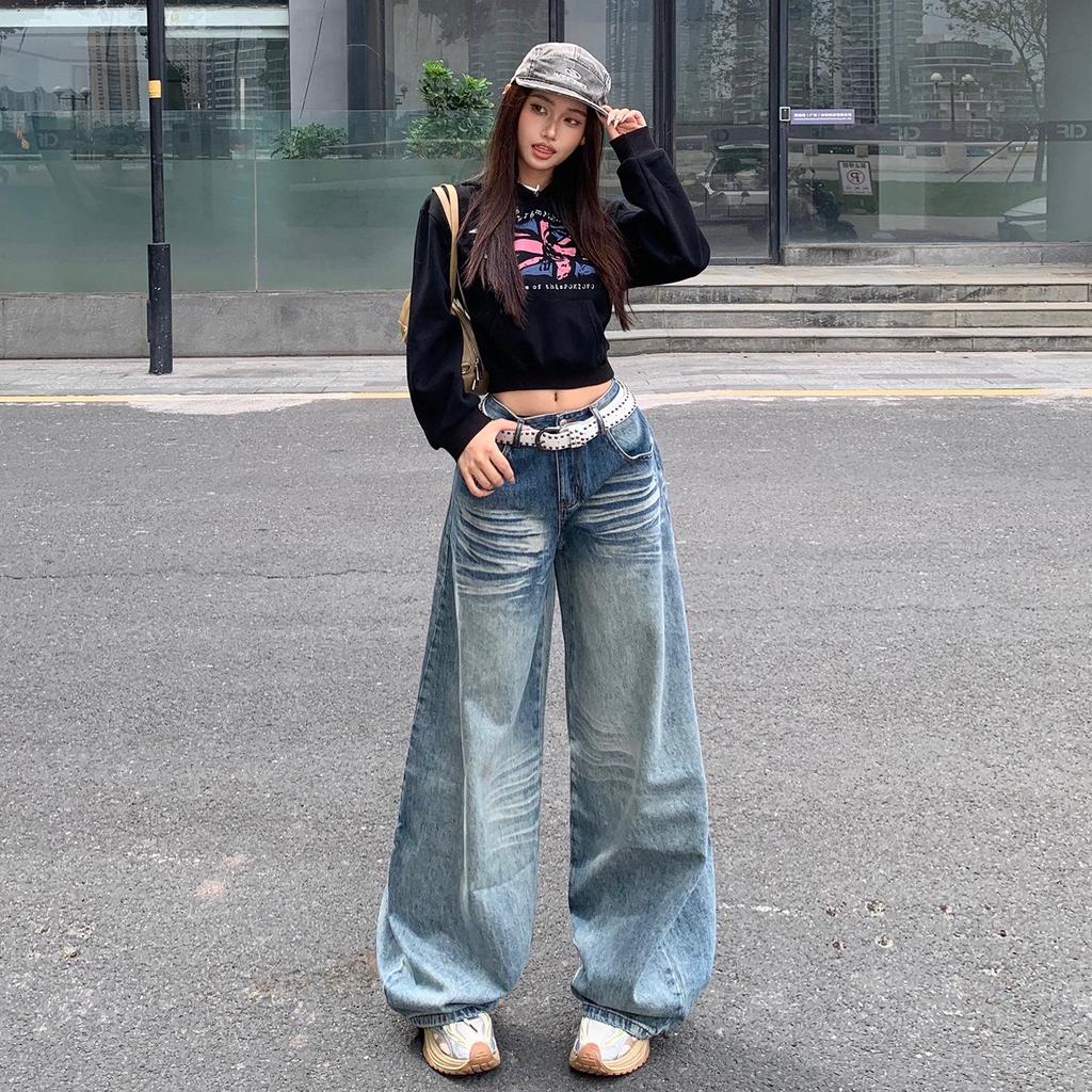 2025 Autumn Women's Loose Wide-Leg Stacked Hem Trendy Banana Jeans