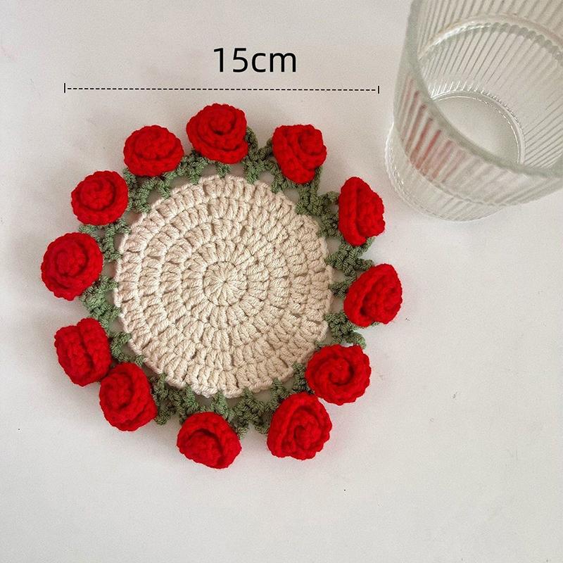 Handmade Crochet Rose Flower Coaster Set Heat-Resistant Cup Mats for Home Decor DIY Mother's Day Gift Eco-Friendly