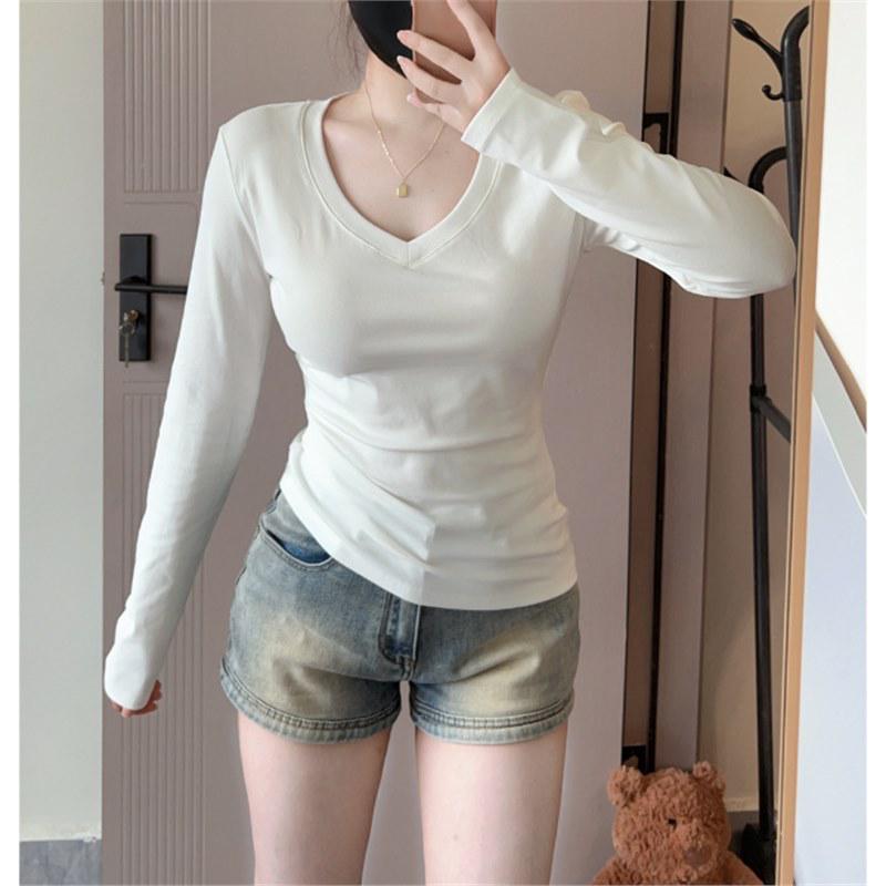 

Plus Size V-Neck Long Sleeve Casual Slimming T-shirt Small белый