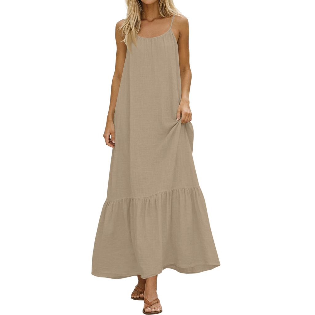 Dames Zomerjurken Spaghetti Bandjes Ronde Hals Gerimpeld Ruches Vloeiend Boho Maxi Jurk