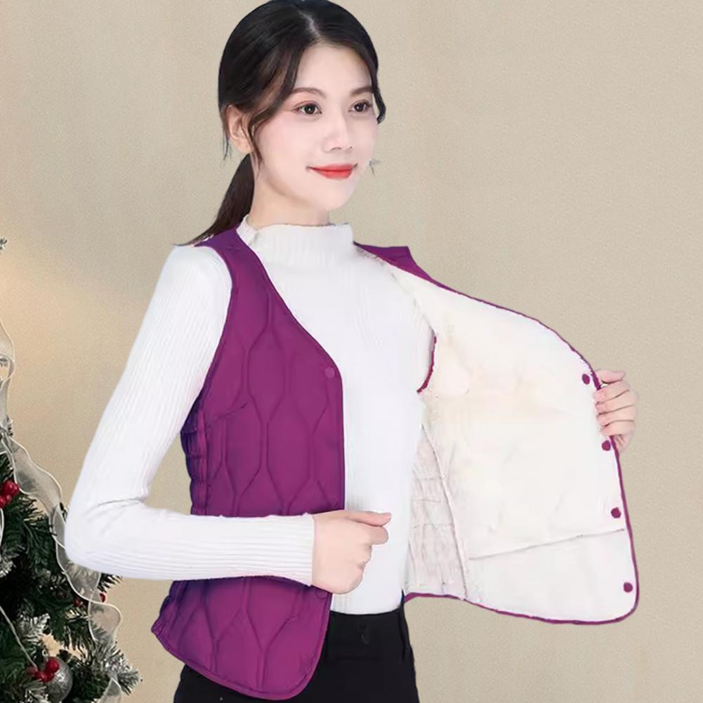 Winter Women Layering Vest Coat Thin Padded Button Closure V Neck Sleeveless Solid Color Windproof Heat Retention Outdoor Down C