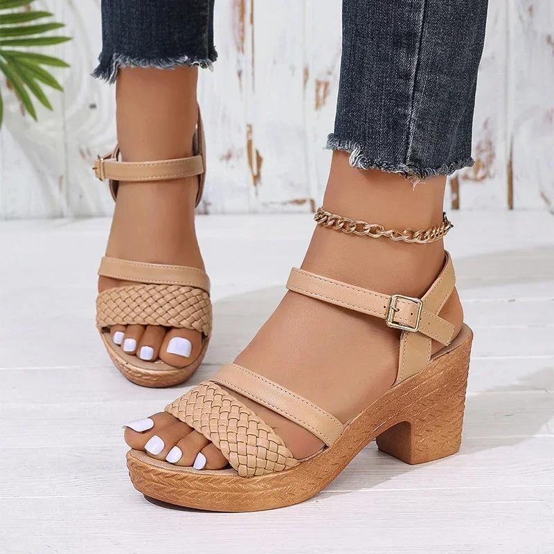 Womens Weave High Heels Sandals 2024 Summer Thick Platform Roman Sandals Woman Ankle Straps Vacation Leisure Beach Shoes
