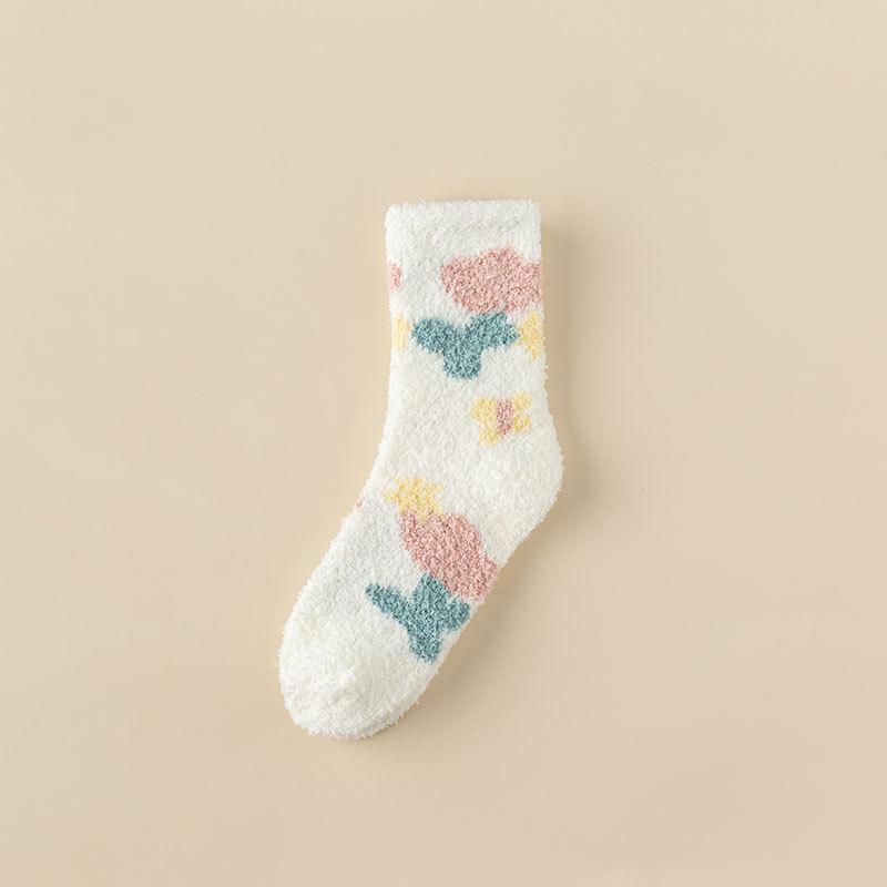 Women Candy Warm Socks Lady Heart Pattern Kawaii Thick Coral Fleece Warm Tulip Flower Winter Cotton Casual Socks Female