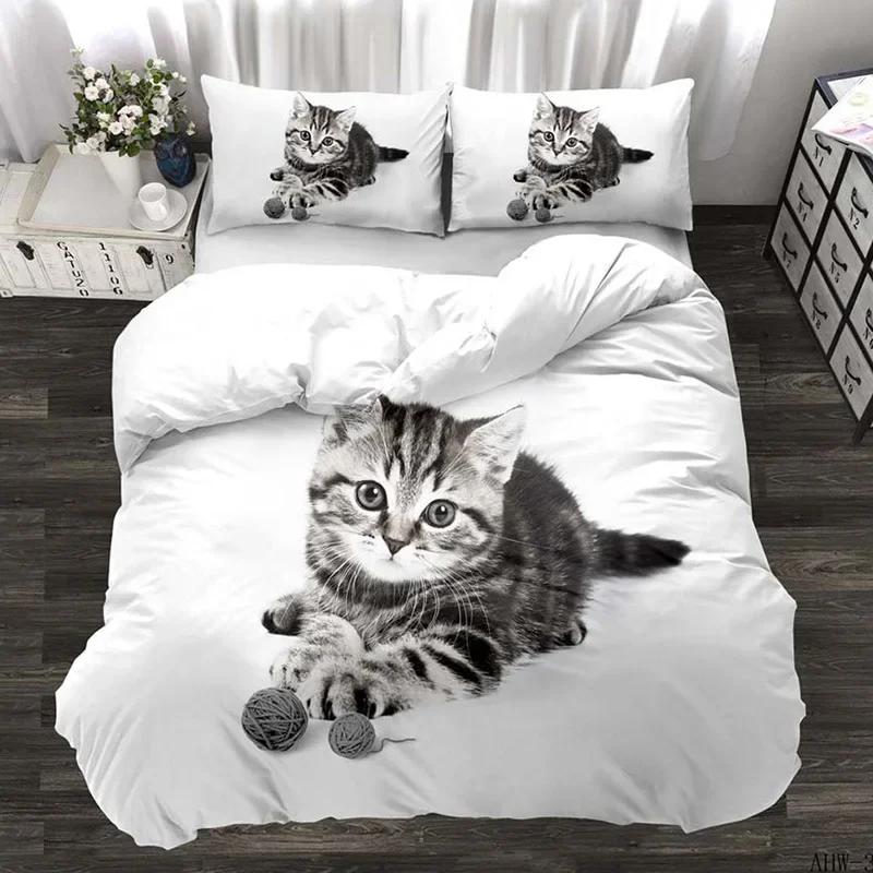 3D Digital Printing 2/3pc Animal Cat Pattern Quilt Cover Pillowcase Double Bed Set Cover Quilt Soft Microfiber Bedding Set