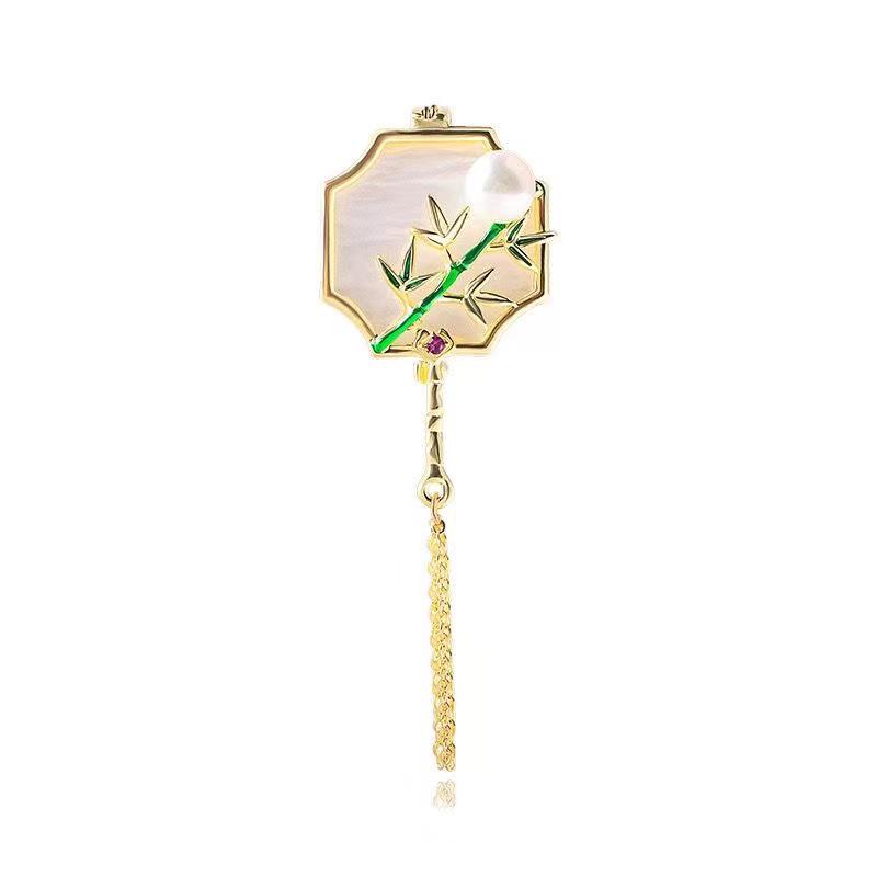 Chinese Style Natural Seashell Tassel Fan Brooch with Plum, Orchid, Bamboo, Chrysanthemum, Pearl Corsage, and Empty Setting