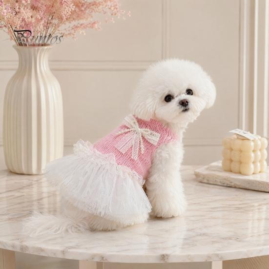 Breathable Dog Clothing Knitted Sleeveless Dress, White Tutu Puppy Princess Cute Girl Dress Pet for Summer with Lace Faux Pearl Bow, Female Small Dogs
