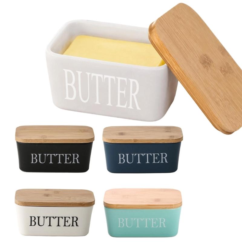 Butter Dish with Natural Wood Lid, Covered Butter Container for Refrigerator Storage and Everyday Table Service