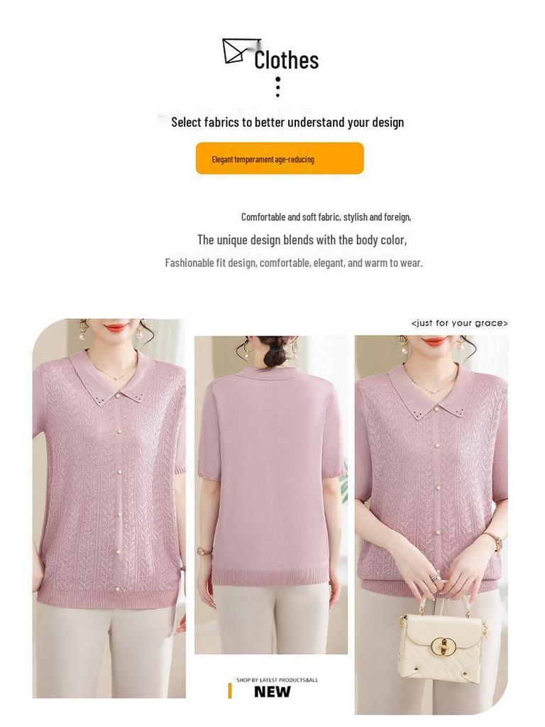 Summer 2025 Ice Silk Knit Doll Collar Cardigan - Women's Short Sleeve Top for Middle-Aged & Elderly