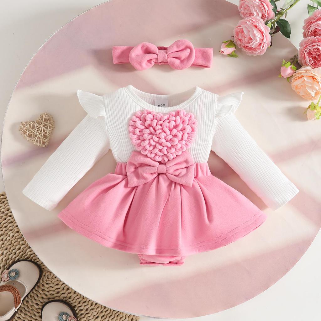 3D Heart Long-Sleeve Dress with Headband for Baby Girls, Ages 0-1, Wool Skirt Hem, with Open Crotch for Autumn/Winter