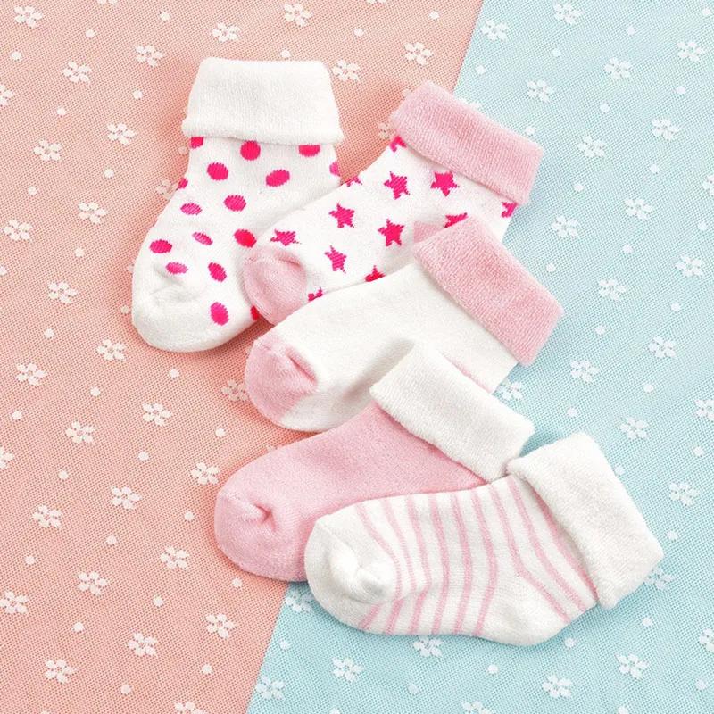 5 Paar Herbst Winter Warme Streifen Babysocken Niedliche Cartoon Punkt Dicke Säuglings Boden Socken Weiches Sternmuster Neugeborene Kleinkind Socken
