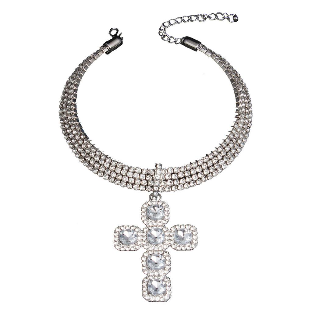2026 European and American Personalized Rhinestone Cross Pendant Collar Exaggerated Necklace Women, with Accessories