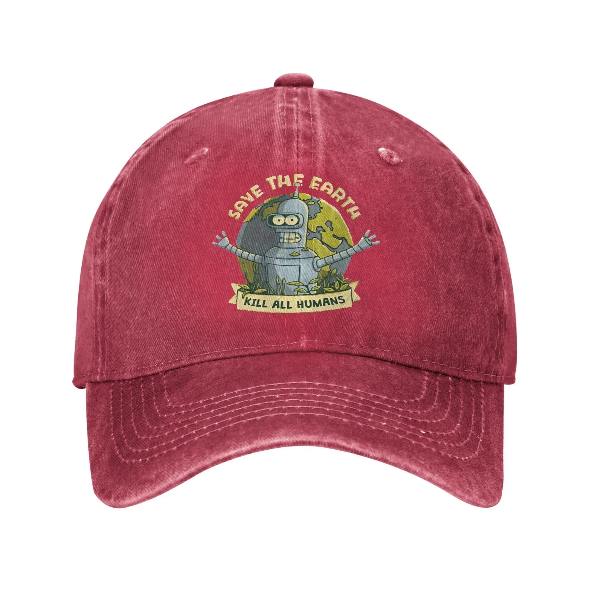 Bendered Save the Planet Kill All Humans Unisex Baseball Caps Cartoon Distressed Washed Hats Fashion Outdoor Adjustable Headwear Adjustable