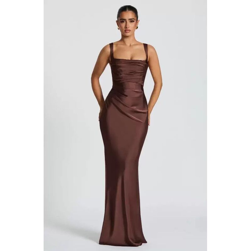 European and American Style Sleeveless Green Satin Backless Dress with Tie-Up Skirt Maix Dress New