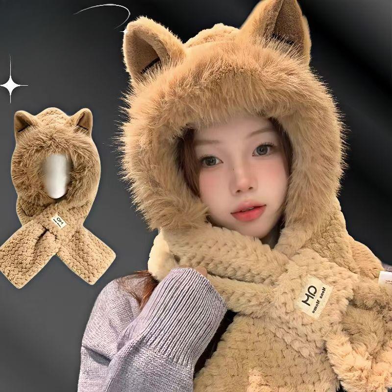 Bonito Sombrero de Peluche con Orejas de Zorro Bufanda Integrada para Mujer Invierno Protección de Orejas Sombrero Cálido Bufanda de Estudiante Frío y a Prueba de Viento
