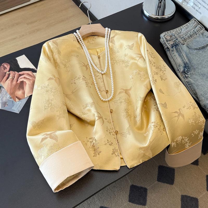 

Silk Jacquard Satin Slimming Retro Chinese Style Plus Size Spring Outerwear Top XL жовтий