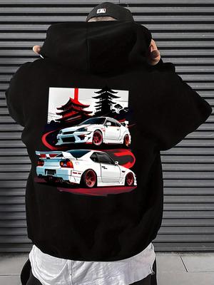 Men's Daily Sports Autumn Winter Essentials Hoodies with Retro Car Pattern Print-fashionable Urban Streetwear Swag Style Outfit.