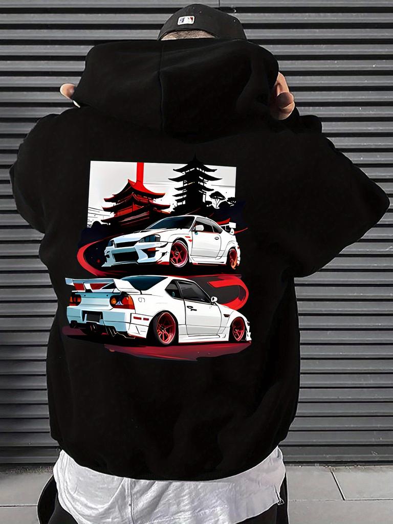 Men's daily sports Autumn winter essentials hoodies with retro car pattern print-fashionable urban streetwear swag style outfit.