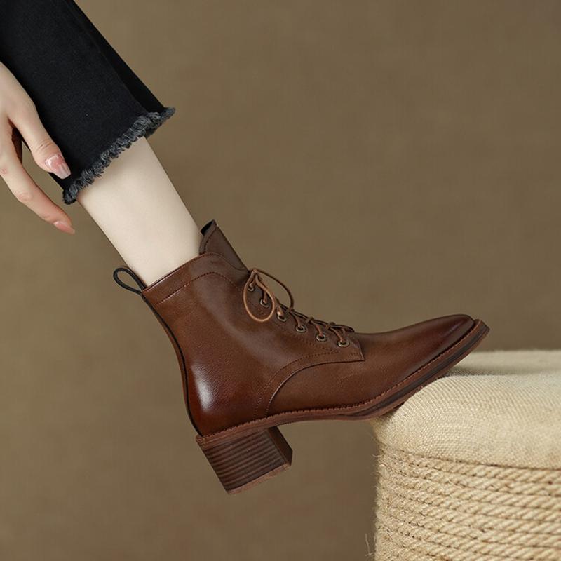 Fashion NEW Autumn Women Boots Split Leather Shoes for Women Pointed Toe Chunky Heel Shoes Elegant Lace-up Ankle Boots Zip Modern Boots