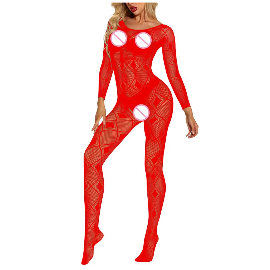 Women's Sheer Fishnet Bodystocking Long Sleeve Open Crotch One Piece Lingerie Stretchy Mesh Bodysuit