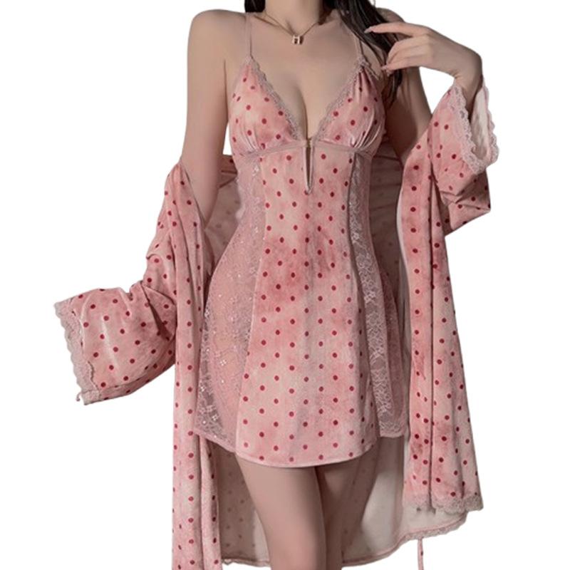 Women's Velvet Warm Deep V Push Up Padded Backless Sleep Dress with Robe Lounge Set