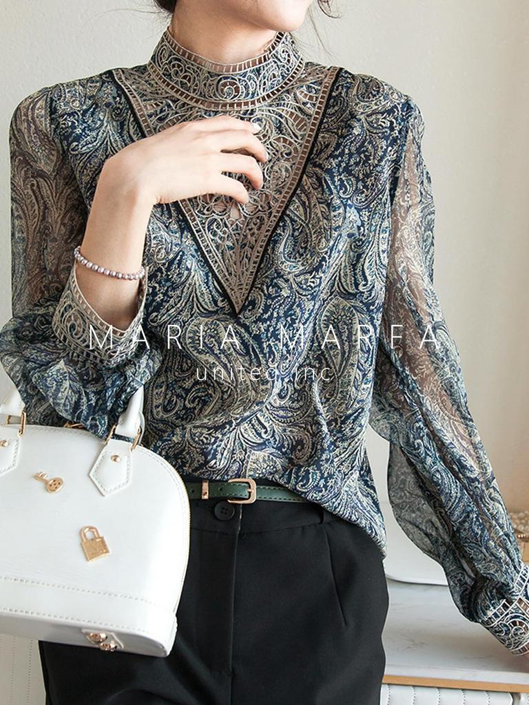 MARIA MARFA Paisley-Bestickte Spitze Hochzeit Büro Schlicht Elegant Floral Formal Gekräuselt Schwarz Größe Damenbluse, Durchsichtig, Frühling/Sommer Oberteil,