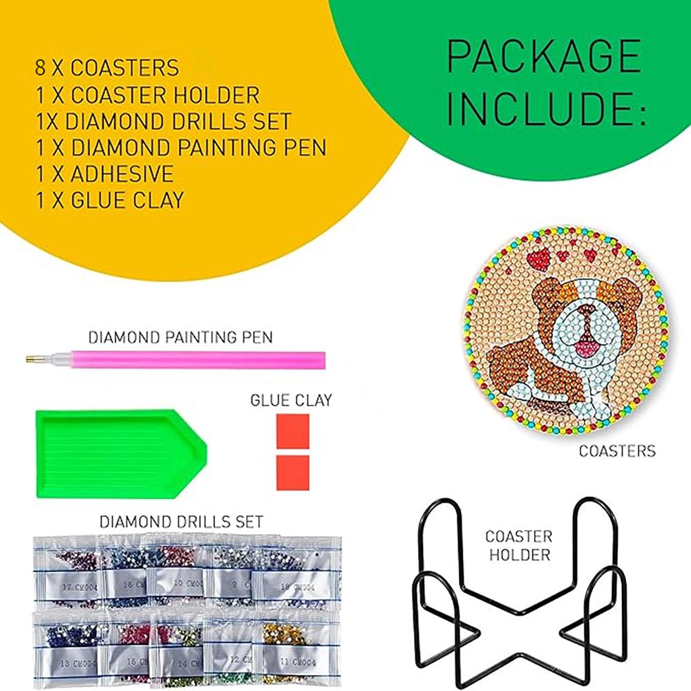 8 Pieces/set of Diamond Painted Dog Patterned Coasters, DIY Coasters with Holder, Suitable for Beginners and Adults, Art and Craft Supplies Gifts