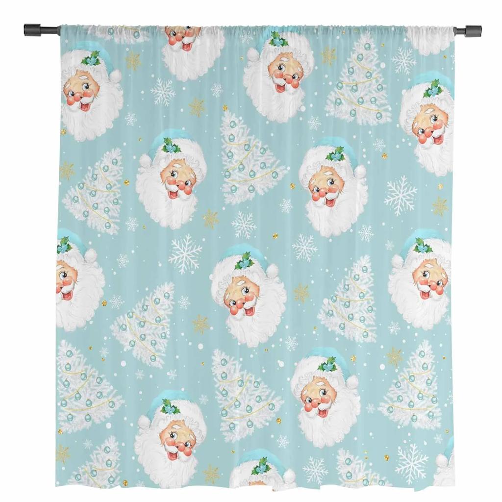Vattenblå Jultomte Julgran Snöflinga Skira Gardiner Vardagsrumsdekoration Fönstergardin Kök Tyll Voile Gardiner