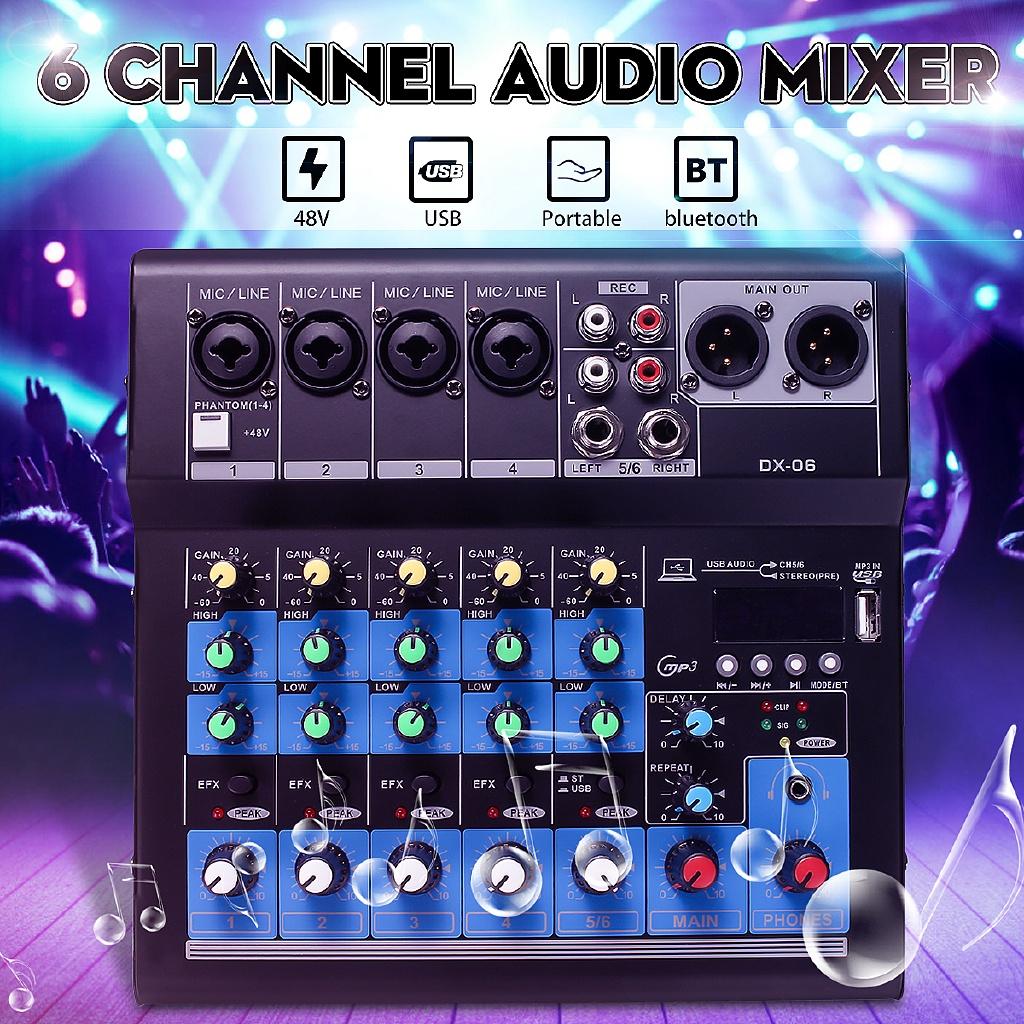 48V Portable Bluetooth 6-Channels Mixing Console Audio Mixer w/USB DJ Sound Mixing Console MP3 Jack Amplifier Karaoke