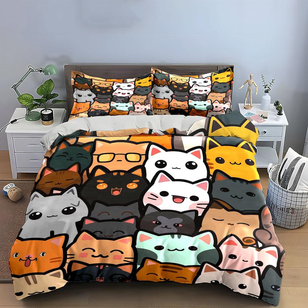 Cute Cartoon Cat Faces Bedding Bedding Duvet Cover Set Duvet Cover Pillowcases (1 * Duvet Cover 2 * Pillowcases, without duvet insert)