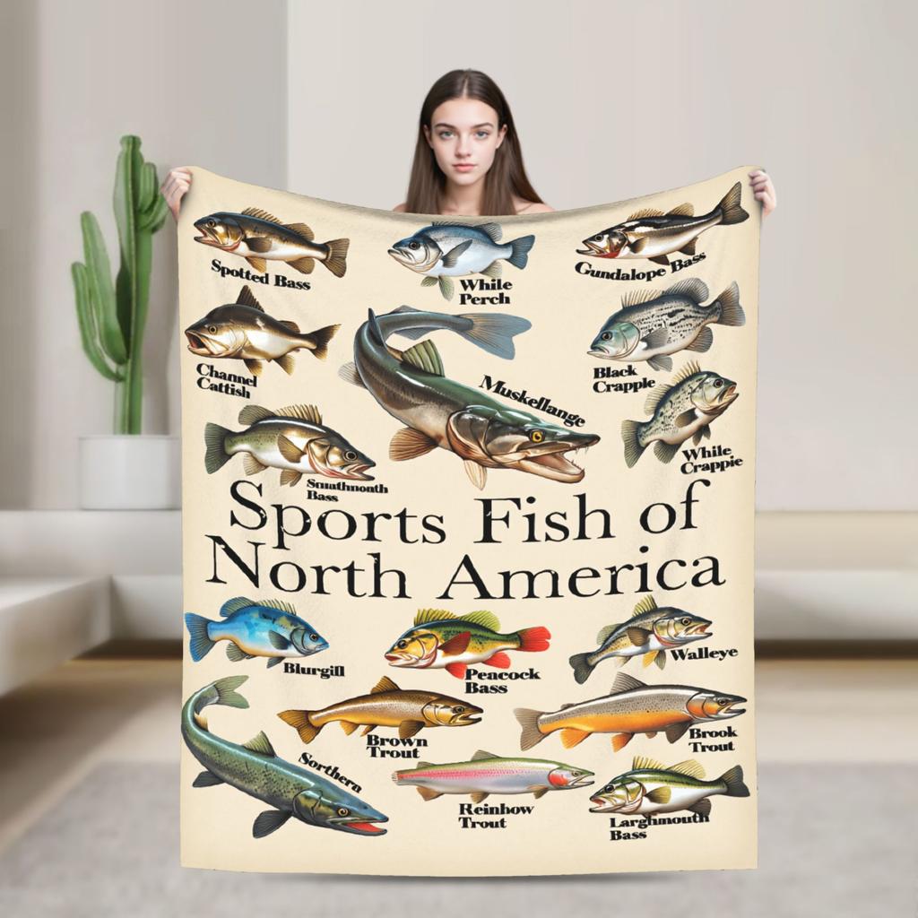 Fishing Cartoon Fish Blanket Quality Super Warm  Throw Blanket Spring Decorative Couch Bed Fluffy Bedspread