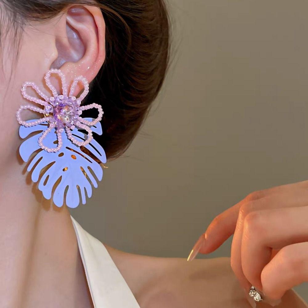 Exaggerated Beaded Flower Earrings Hollow Out Purple Flower Earrings Leaf Drop Earrings  Women