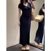 Women's Elegant Korean-Style Bodycon Dress - Dark Blue Floral, Short-Sleeve, Crew Neck, Long Skirt