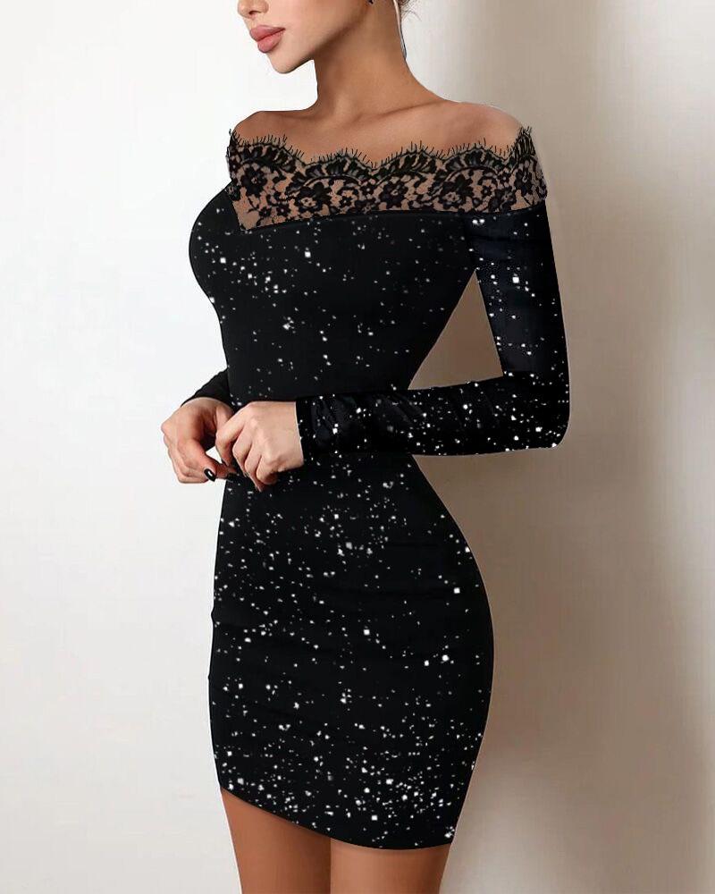 Lace Off-the-Shoulder Glitter Bodycon Dress with Hollow Out Highlights